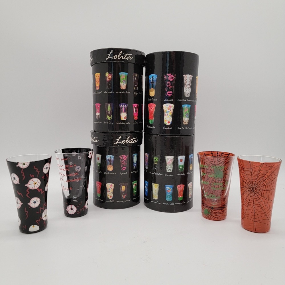 Lolita Set 4 Halloween Party Painted Shot Glasses Blood Shot Eye Green Spider